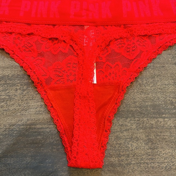 VS Pink red lace thong. Size large. Excellent condition. Elastic logo band. - Picture 3 of 5